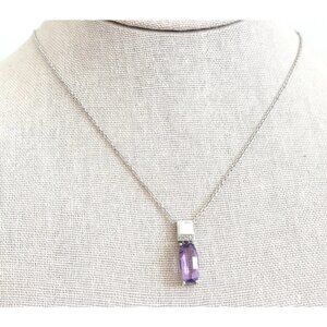 14K Solid White Gold Faceted Amethyst Diamond Accent Pendant Chain Necklace 18"